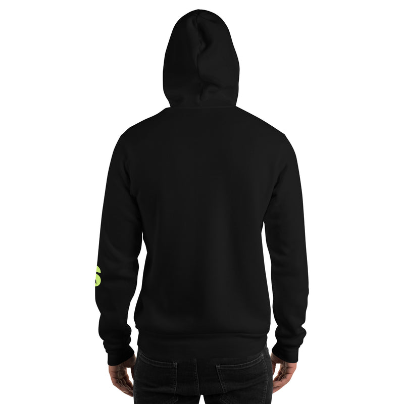 Rear view of a person wearing the black 'Casuals: with Katie Nolan' hoodie, showing the back of the hood and sleeves with no additional design elements visible on the back.