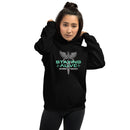 Woman wearing a black hoodie featuring a large front graphic of a winged caduceus (a staff with two snakes and wings) above the text 'STAYING ALIVE' in bold aqua-green font, with 'JON GABRUS' and 'ADAM PALLY' written below in white.