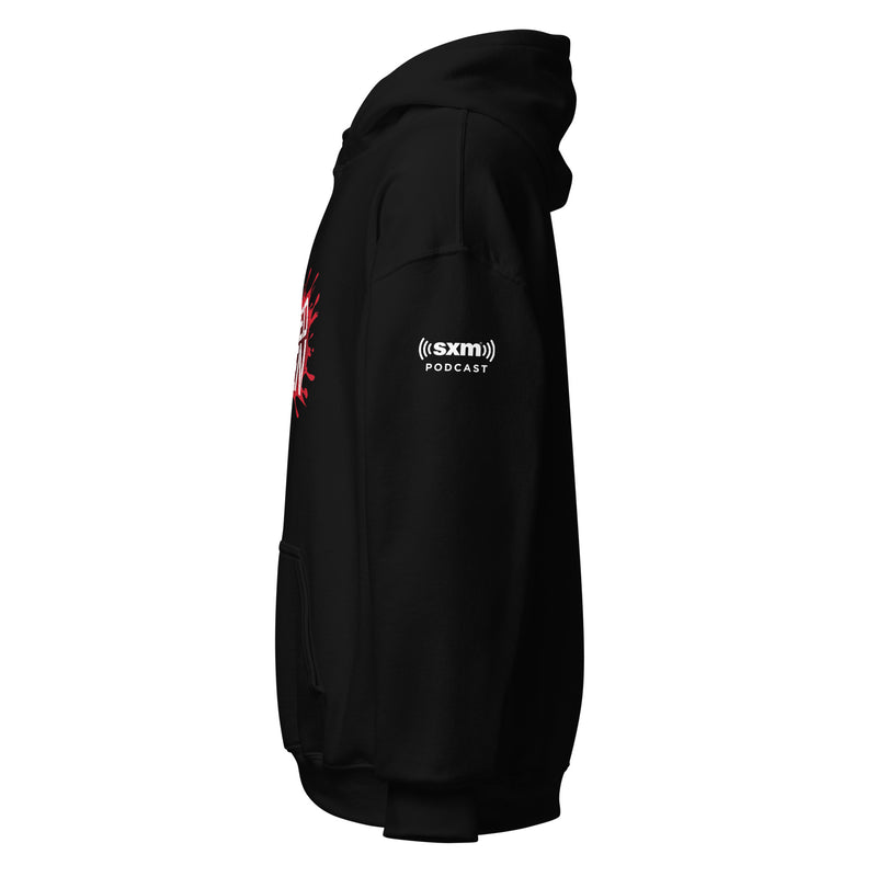 Black hoodie with graphic design and 'SXM Podcasts' logo on the sleeve.