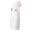 Side view of white hoodie featuring three colorful hearts on left chest and the text 'Bad Dates' in pink on the sleeve.