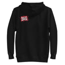 black hoodie with BUSTED OPEN logo in red and white on the back
