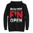Black hoodie featuring bold text BUSTED F'N OPEN in distressed red and white lettering on the back.