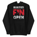 black hoodie with text BUSTED F'N OPEN in red and white letters
