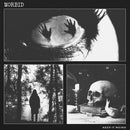 Close-up of the black-and-white collage printed on black sweatshirt fabric, divided by thin white borders into three panels. The top panel shows a close-up eye with two small silhouetted hands reflected in the pupil. The bottom left panel shows a lone hooded figure standing among tall trees in a forest. The bottom right panel shows a skull resting on stacked books beside a lit candle, with small dice and a jawbone nearby. Text reads ‘MORBID’ at the top left and ‘KEEP IT WEIRD’ at the lower right.