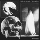 Close-up of the centered chest graphic on black fabric. The collage includes a raven in front of a bright full moon, a detailed skull with visible teeth and eye sockets, and a tall ghostly figure in a doorway. The words ‘HAUNTED BY MORBID’ appear above the right panel, and ‘MORBID’ is printed beneath it.