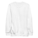 Back view of a white crewneck sweatshirt shown flat against a white background. The back is completely blank with no graphics or text. The sweatshirt has long sleeves, ribbed cuffs, and a ribbed hem. The fabric appears soft and mid-weight with subtle natural folds along the sleeves and lower back.