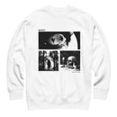 Front view of a white crewneck sweatshirt with long sleeves and ribbed cuffs and hem. Centered on the chest is a rectangular black-and-white collage featuring an eye with silhouetted hands in the pupil, a hooded figure in a forest, and a skull beside a candle and books. ‘MORBID’ appears above the collage, and ‘KEEP IT WEIRD’ is printed beneath the lower right panel.