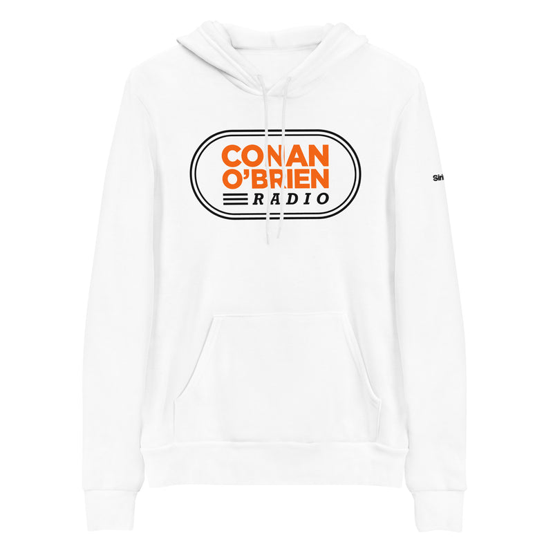 White hoodie featuring 'Conan O'Brien Radio' logo in orange and black.