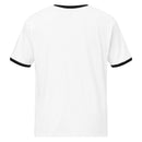 Back of a plain white short-sleeve ringer T-shirt with black trim on the collar and sleeve cuffs. No design or text visible.