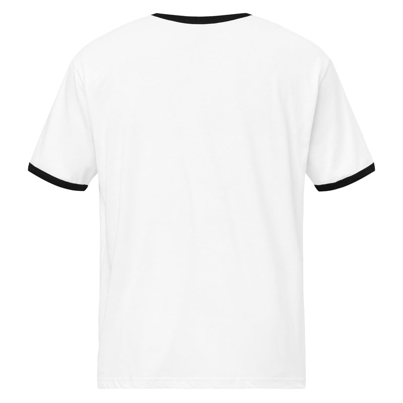Back of a plain white short-sleeve ringer T-shirt with black trim on the collar and sleeve cuffs. No design or text visible.
