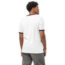 Man shown from the back wearing a plain white ringer T-shirt with black collar and sleeve cuffs, paired with gray jeans. The back of the shirt is blank.