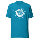 Turquoise t-shirt featuring the text Happy Wet Day with a splash design and 'Comedy Bang! Bang!' branding