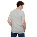 Athletic heather short-sleeve t-shirt shown from the back with no visible graphics, worn by a man in jeans looking over his shoulder.