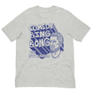 Athletic heather short-sleeve t-shirt with a large blue graphic reading 'COMEDY BING BONG WITH SCOTT AUKERMAN' in block letters. The design includes diagonal striped shading and an illustrated portrait of a man’s face on the right.