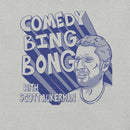 Fabric detail of athletic heather t-shirt showing the bold blue text 'COMEDY BING BONG WITH SCOTT AUKERMAN' in block letters with diagonal striped shading and an illustrated portrait of a man’s face.