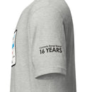 A close-up of the left sleeve of a heather gray t-shirt, showing black text that reads 'Comedy Bang! Bang! 16 YEARS'.