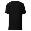Black t-shirt featuring a design on the left sleeve, viewed from the back.