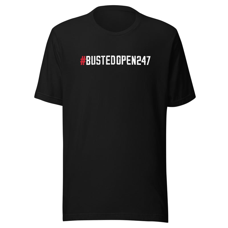 Black t-shirt featuring the hashtag '