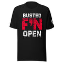 Black t-shirt with bold white and red text saying 'BUSTED F'N OPEN'.