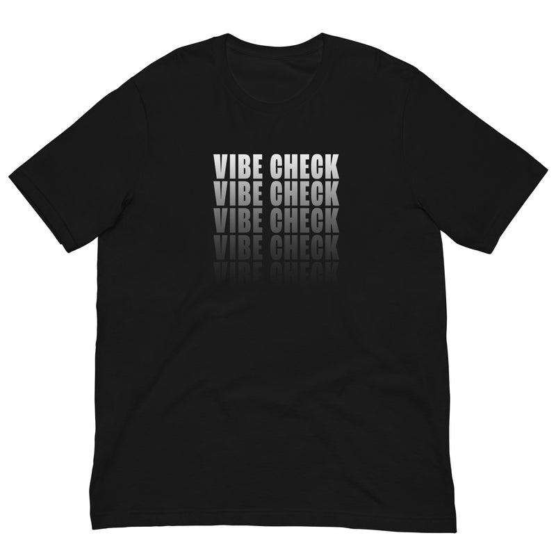 black t-shirt featuring the phrase VIBE CHECK in stacked, reflective text
