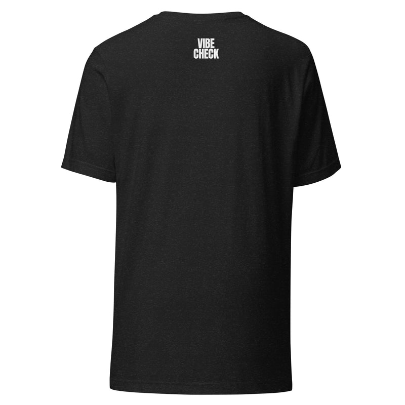The back view of a black heather unisex t-shirt with the phrase 'VIBE CHECK' printed in small, bold white capital letters centered just below the neckline. The shirt features a classic short-sleeve, crew neck design.