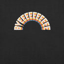 A close-up of a black heather T-shirt showing the arched 'BYEEEEEEEE' graphic in large cream-colored letters with rainbow drop shadows.