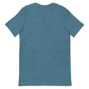 back view of a blue unisex t-shirt with short sleeves and a round neckline