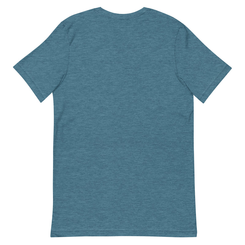 back view of a blue unisex t-shirt with short sleeves and a round neckline