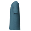 light blue short sleeve t-shirt displayed from the side angle