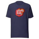 Navy t-shirt featuring 'Comedy Bang! Bang!' Humanity's Podcast logo in red, yellow, and blue colors.