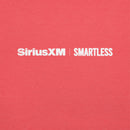 A close-up of the back neckline of a red T-shirt, showing the 'SiriusXM' and 'SMARTLESS' logos printed in white.