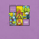 Close-up of T-shirt design on heather purple fabric. The front graphic reads 'HIDDEN LEVELS' above six comic-style panels showing vibrant illustrated characters, including a red flaming figure, a green leaf-like character, and others in dynamic poses. The logos '99% Invisible' and 'Endless Thread' appear in two of the panels.