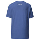 The back view of a heather royal blue T-shirt laid flat, featuring small printed logos near the neckline reading 'SiriusXM' and 'SMARTLESS'.