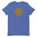 Heather true royal short-sleeve t-shirt with a round yellow and brown logo in the center reading 'HEY NONG MAN' in block letters, surrounded by a jagged sunburst border.