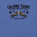 Heather true royal fabric detail showing black text 'CALVINS TWINS' above a horse collision graphic with black stars, plus text 'BEE HONEY HORSE FIGHT FIELDS' and 'YA GOTTA LAUGH!' below.