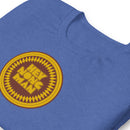 Fabric detail of a heather true royal t-shirt showing the circular yellow and brown logo with the text 'HEY NONG MAN' in the middle and a jagged sunburst border.
