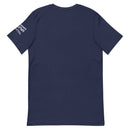 navy blue t-shirt displayed from the back with short sleeves and logo on the left sleeve