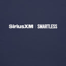 A close-up of the back of a navy blue shirt, showing the 'SiriusXM' and 'SMARTLESS' logos printed in white just below the collar.