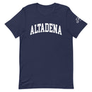 navy blue t-shirt with the word ALTADENA printed in white arch font on the front