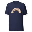 A navy blue T-shirt featuring the word 'BYEEEEEEEE' arranged in a bold, arched rainbow-style design across the chest.