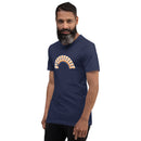 A bearded man standing and smiling, wearing a navy blue T-shirt with the arched 'BYEEEEEEEE' graphic in the center of the chest.