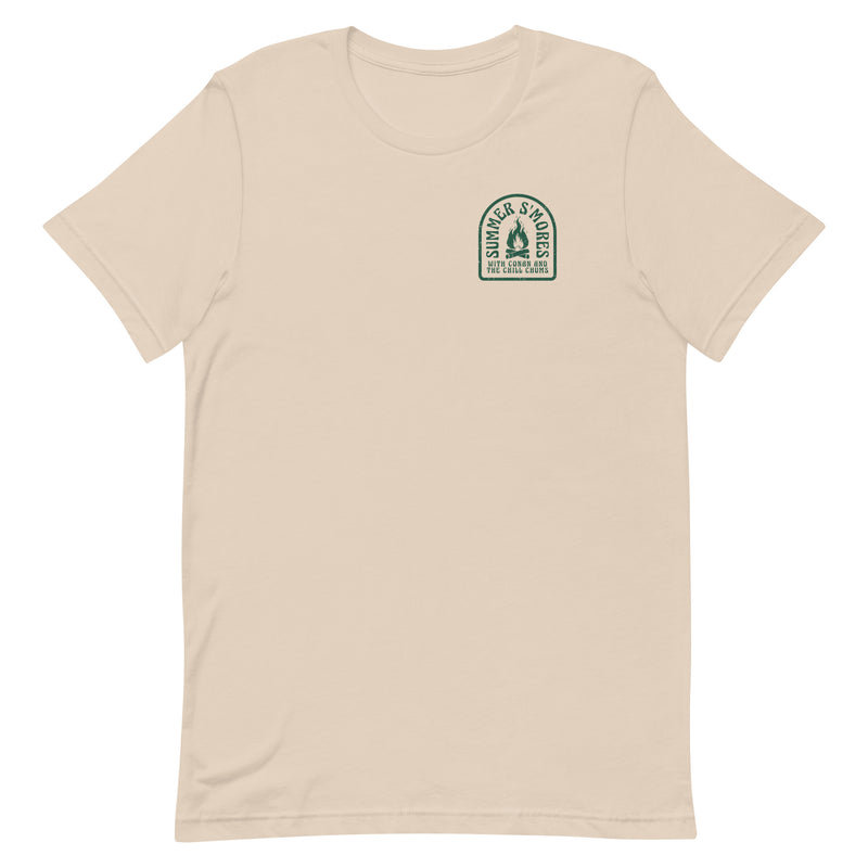 beige t-shirt with green logo featuring a fire and the text Summer Smores on the front