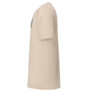 beige t-shirt displayed from the side showing short sleeves and a printed design on the chest