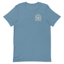 Light blue short-sleeve t-shirt with a light logo on the chest area featuring text and a flame graphic.