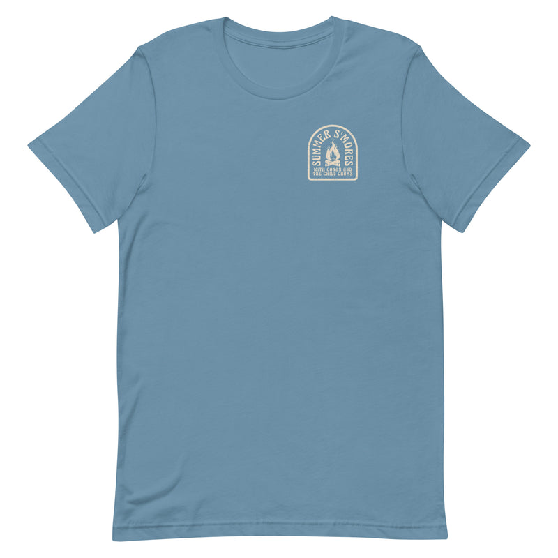 Light blue short-sleeve t-shirt with a light logo on the chest area featuring text and a flame graphic.