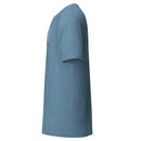 blue short-sleeve t-shirt displayed from the side with a simple design on the front