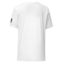 back view of a plain white t-shirt with a small black design on the left sleeve