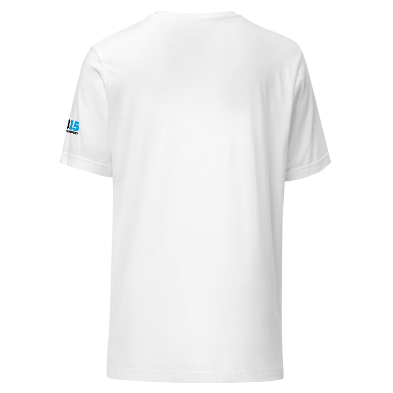 back view of a plain white t-shirt with a logo on the left sleeve