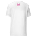Back view of a white t-shirt with the text 'Bad Dates' printed in pink below collar.