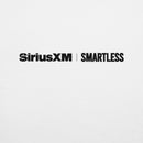 A zoomed-in shot of the back neckline of a white T-shirt with the printed logos 'SiriusXM' and 'SMARTLESS' in black text.